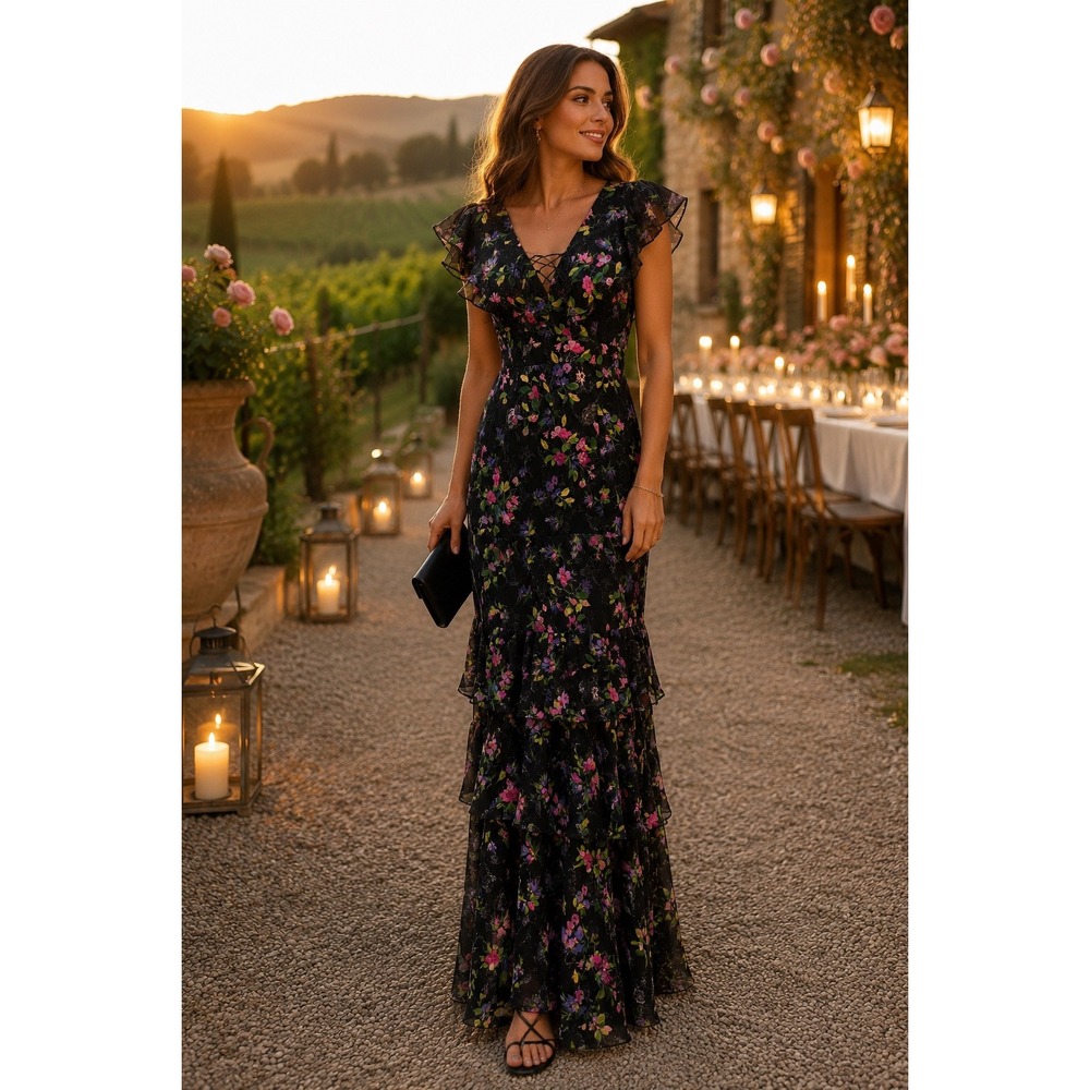 Adrianna Papell Black Floral Metallic Tiered Maxi Dress Lace-Up Ruffle Size 4